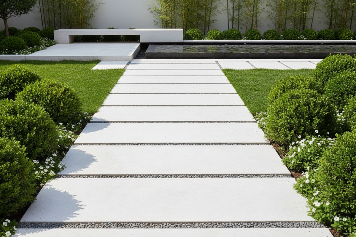 Jardín moderno con camino de Losa Ainsa de hormigón en blanco junto a un estanque - Vetonek