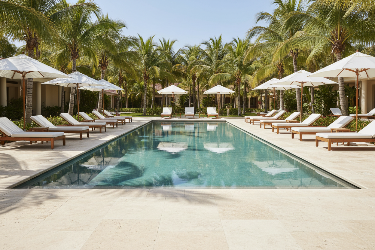 Zona de piscina tropical con tumbonas sobre Losa Ainsa de hormigón en crema - Vetonek