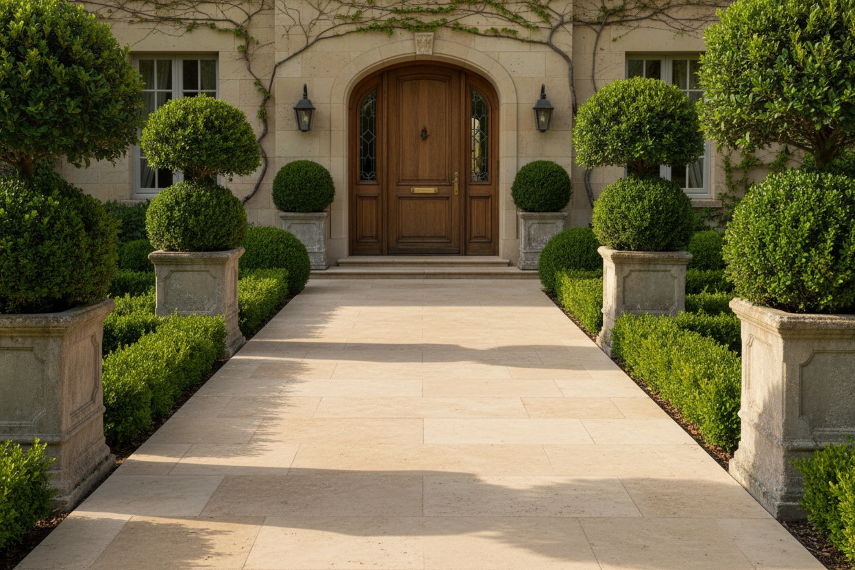 Entrada de vivienda clásica con camino de Losa Alquézar de hormigón en champagne - Vetonek