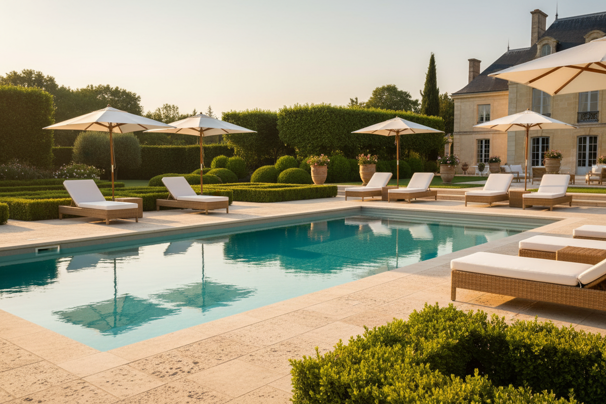 Zona de piscina clásica con tumbonas sobre Losa Alquézar de hormigón en champagne - Vetonek