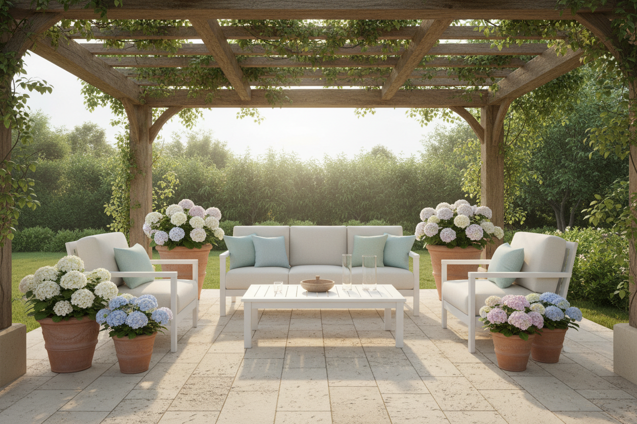 Terraza cubierta con pérgola de madera sobre Losa Alquézar de hormigón en champagne - Vetonek