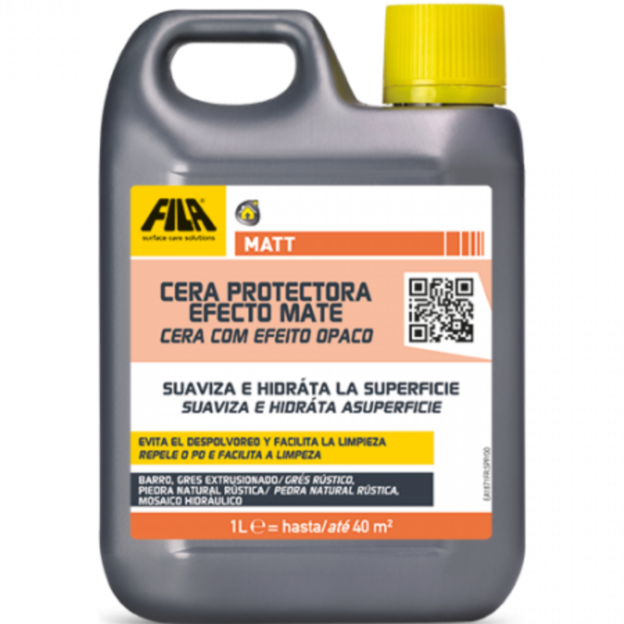 "Bidón de 1 litro de MATT de FILA, cera protectora con efecto mate. Diseñada para suavizar e hidratar superficies de barro, gres rústico y piedra natural rústica. Evita el despolvoreo y facilita la limpieza, proporcionando una cobertura de hasta 40 m² por litro. Ideal para mantener un acabado mate natural en pavimentos y revestimientos."
