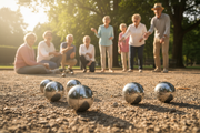 Metal balls from the petanque game that a group of elderly people are having fun with during the afternoon in the park.