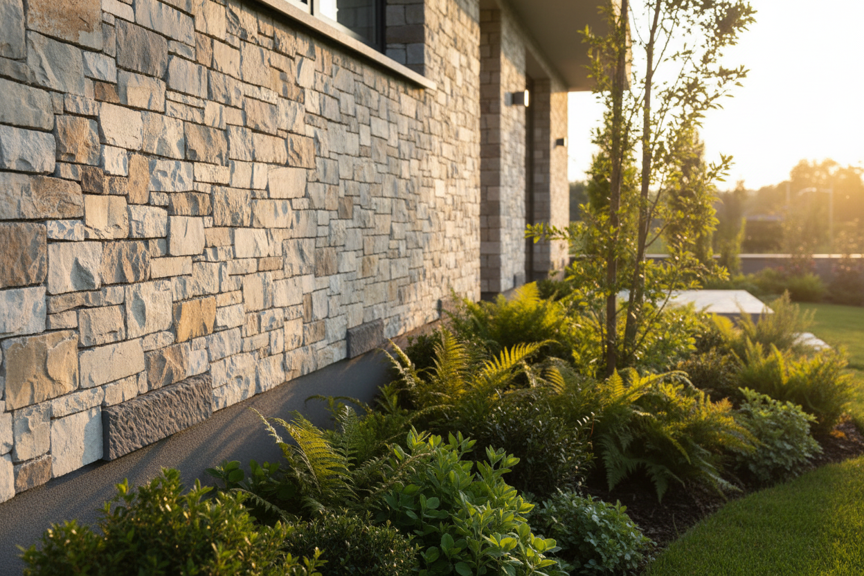 Moldura Decorativa Poblet color pirineos rematando el borde de un aplacado de piedra en el exterior de una vivienda unifamiliar moderna al atardecer