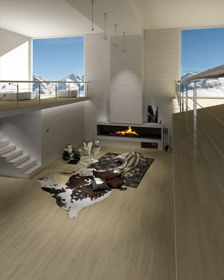 Ambiente salón con suelo efecto madera Ortisei Beige - Vetonek