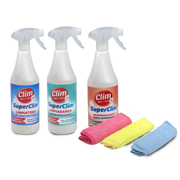 Kit SuperClim Multiusos: Desengrasante, Limpiabaños y Bayetas Vetonek