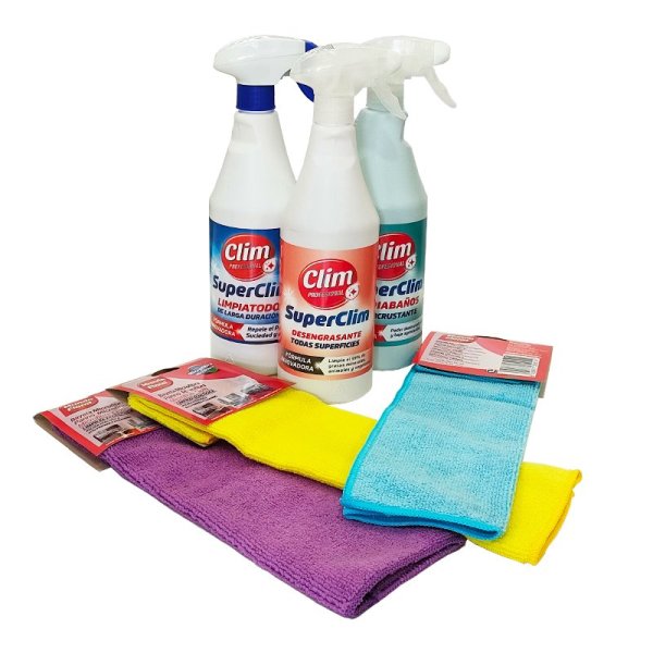 Kit SuperClim Multiusos: Desengrasante y Limpiabaños + 3 Bayetas Microfibra - Vetonek