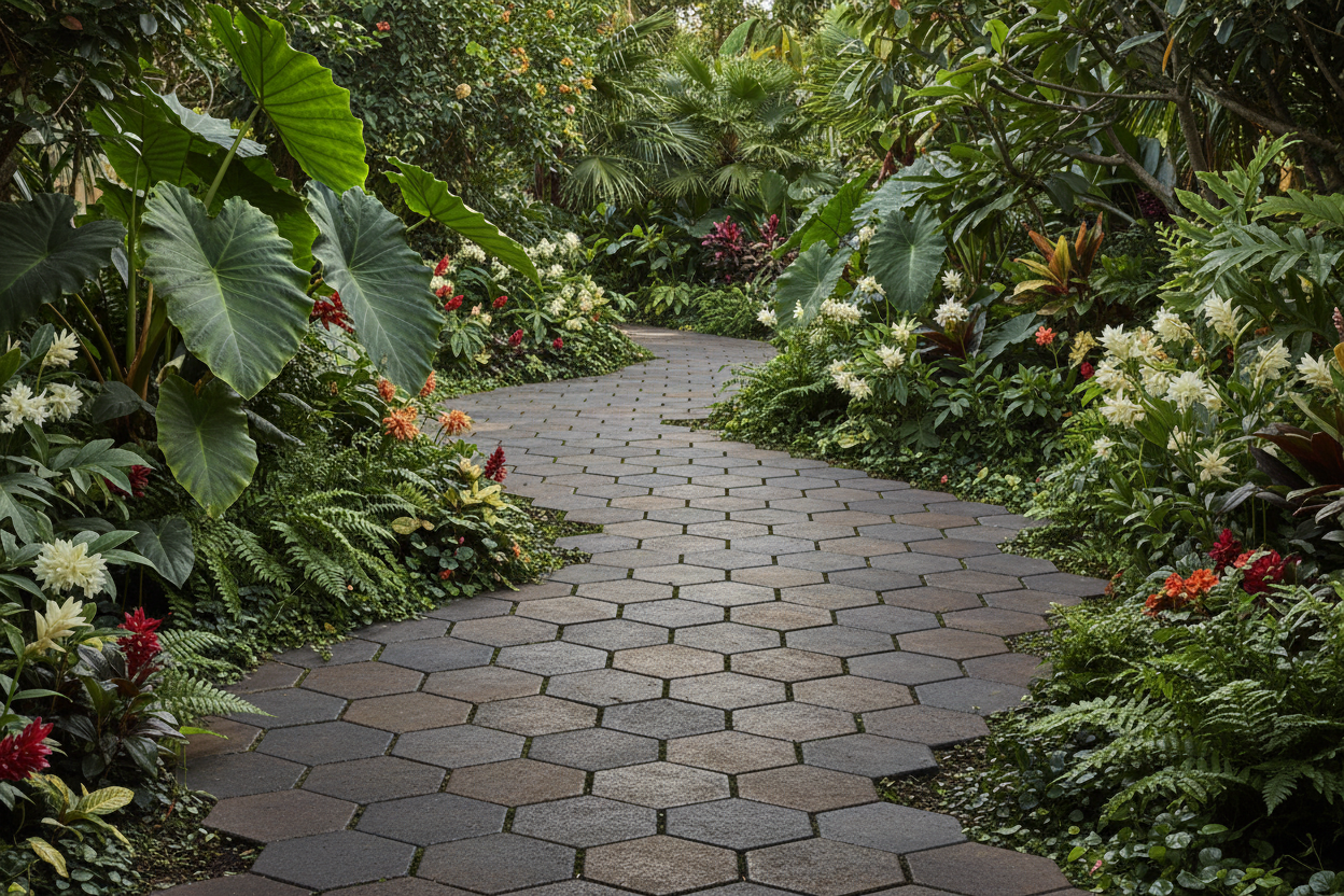 Camino de jardín pavimentado con Panot Hexagonal Laguardia Bicolor en bronce entre plantas - Vetonek