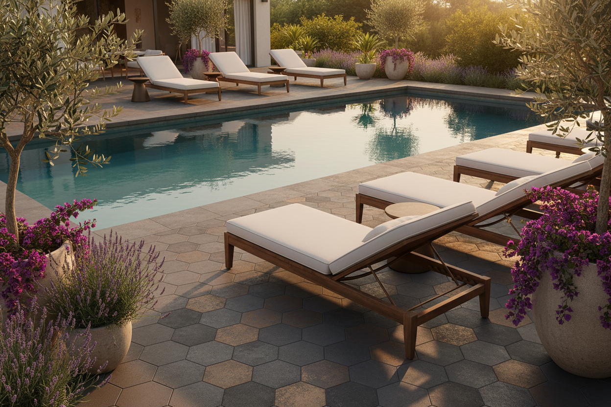 Zona chill-out junto a piscina con Panot Hexagonal Laguardia Bicolor en antracita y bronce - Vetonek