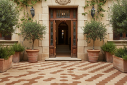 Entrada mediterránea pavimentada con Panot Hexagonal Laguardia Bicolor en arena y bronce - Vetonek