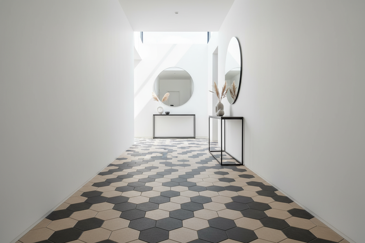 Pasillo interior con suelo de Panot Hexagonal Laguardia Bicolor en antracita y arena - Vetonek