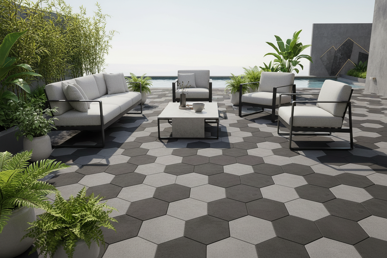 Patio moderno junto a piscina pavimentado con Panot Hexagonal Laguardia Bicolor en antracita - Vetonek
