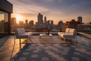 Terraza en azotea con Panot Hexagonal Laguardia Bicolor en antracita y arena al atardecer - Vetonek