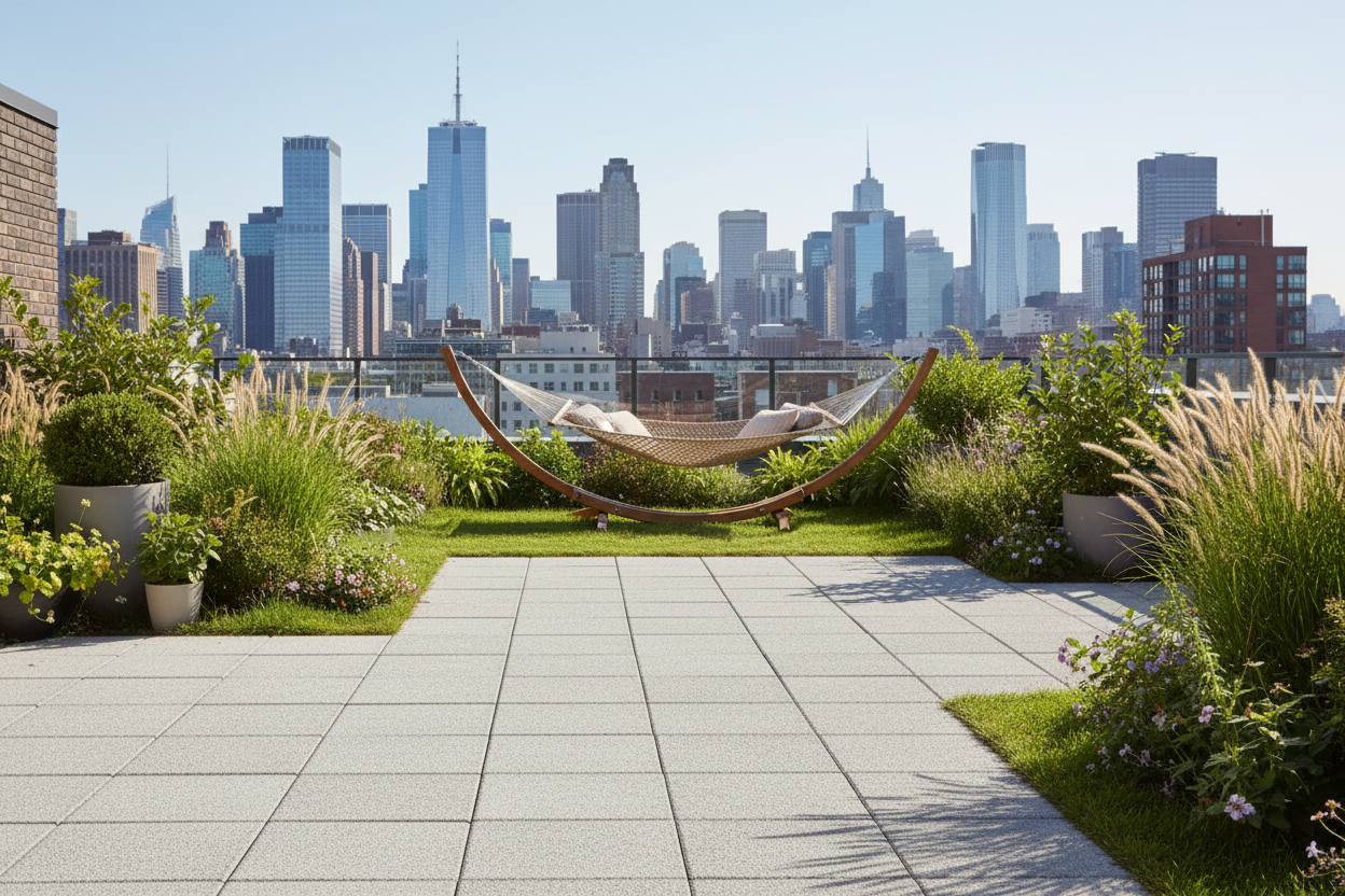 Azotea urbana con jardín y Pavimento Filtrante Atienza de hormigón en gris natural - Vetonek