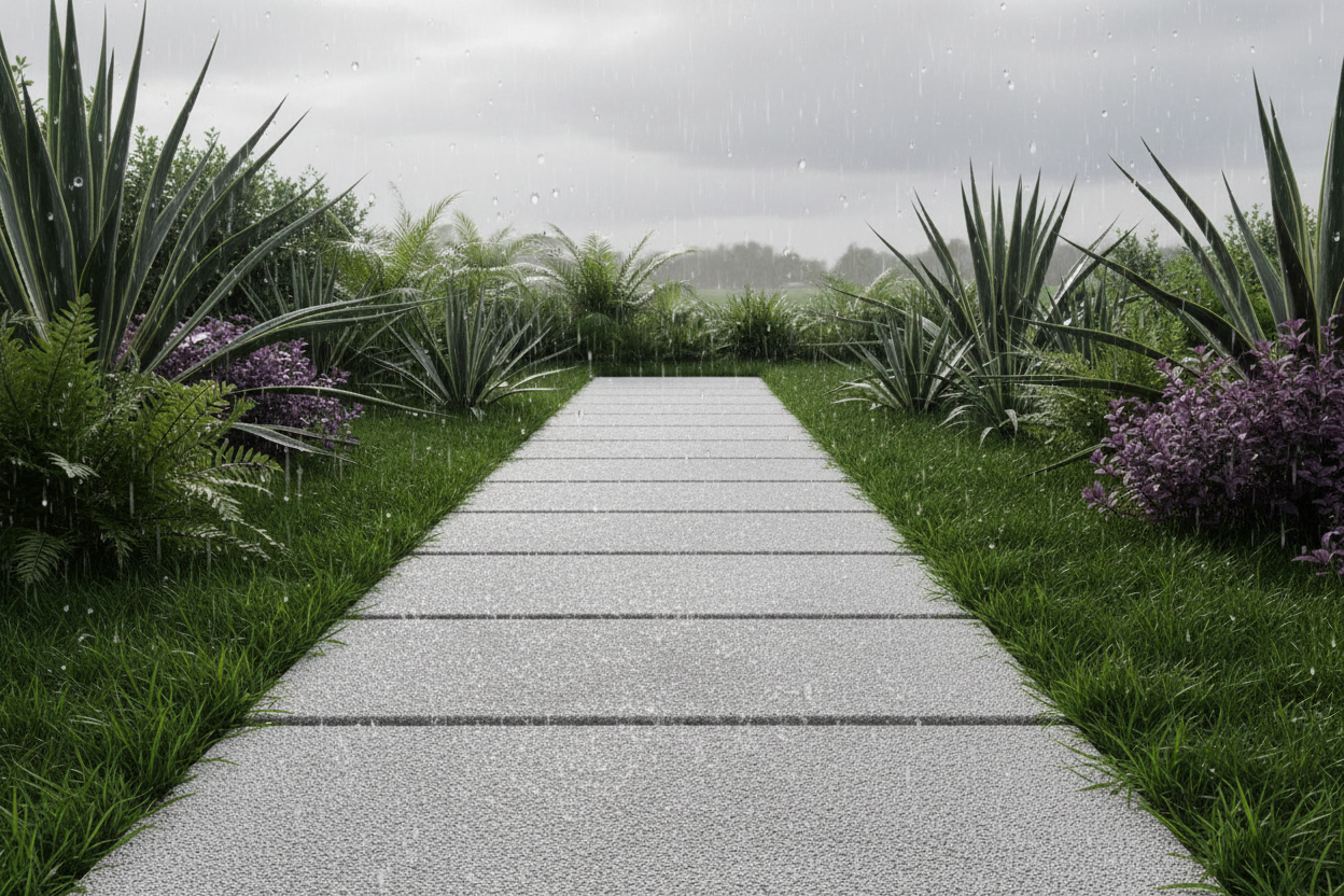 Camino de jardín con Pavimento Filtrante Atienza de hormigón en blanco bajo la lluvia - Vetonek