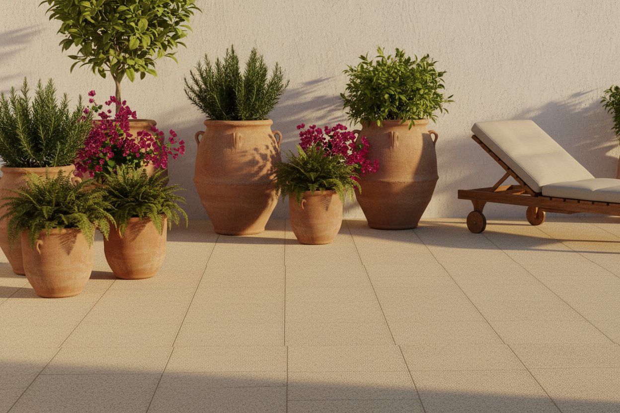 Patio mediterráneo con Pavimento Filtrante Atienza de hormigón en arena y macetas de barro - Vetonek