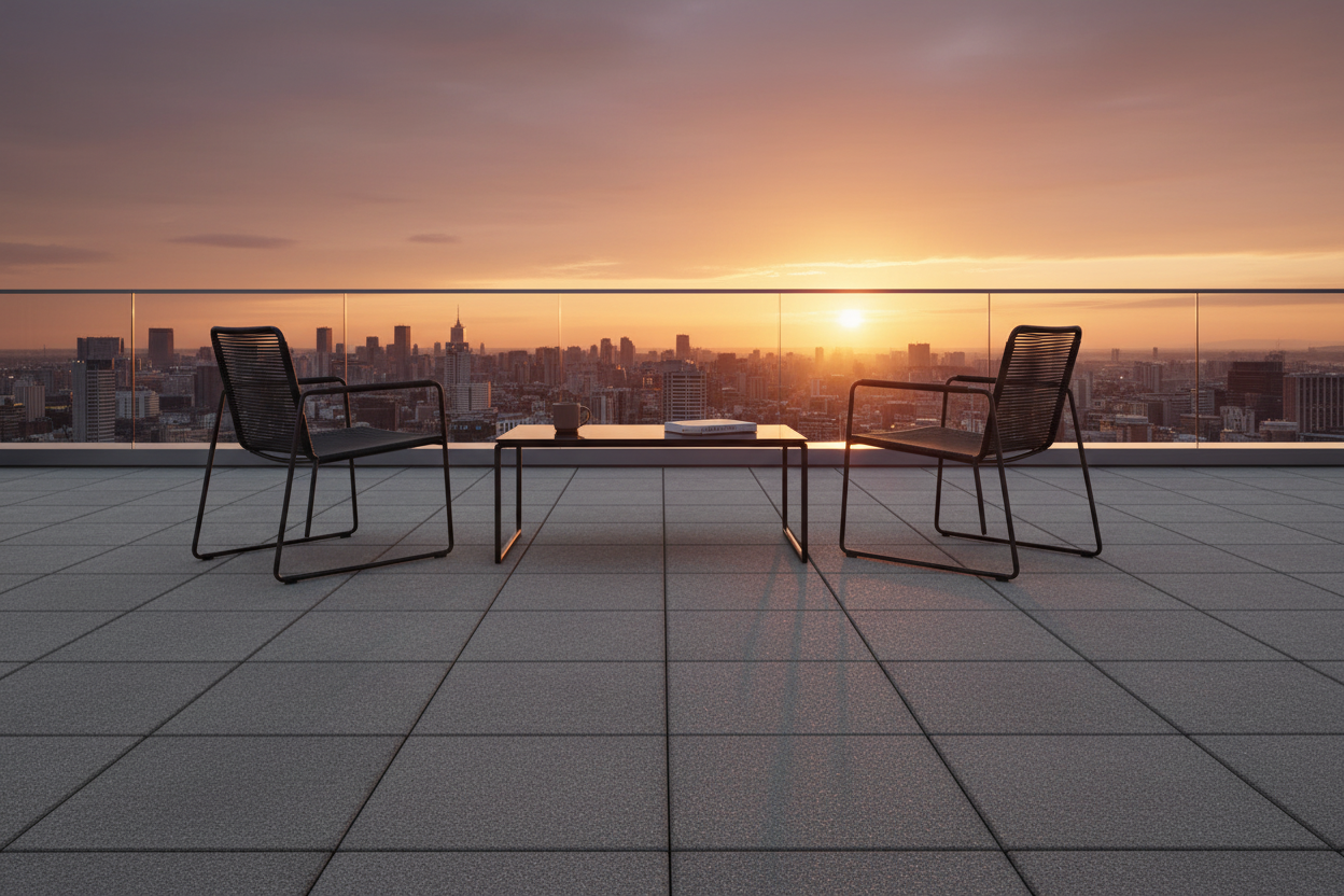 Terraza de ático con Pavimento Filtrante Atienza de hormigón en antracita y vistas a la ciudad - Vetonek