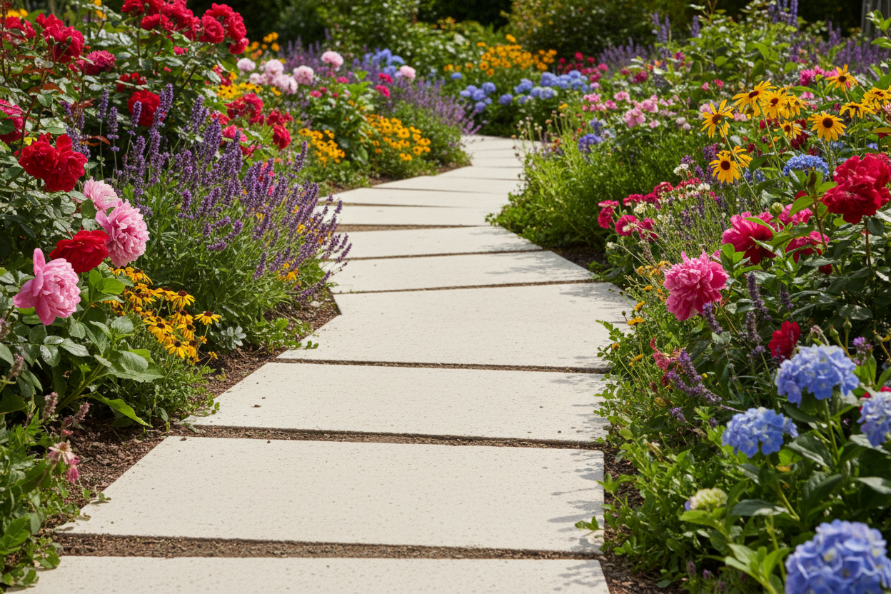 Camino de jardín bordeado de flores pavimentado con Losa Olite de hormigón en blanco - Vetonek