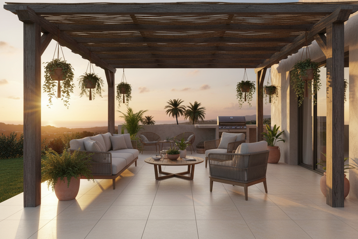 Terraza con pérgola de madera sobre Losa Olite de hormigón en champagne - Vetonek