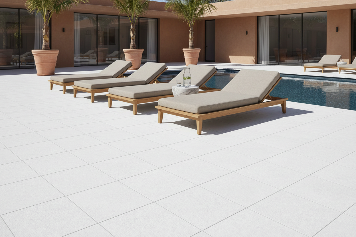 Borde de piscina pavimentado con Losa Sigüenza de hormigón en blanco - Vetonek