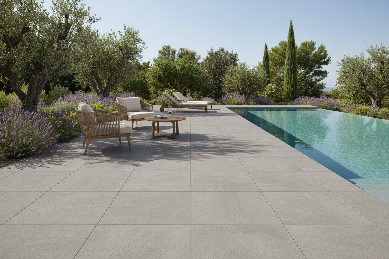 Zona chill-out junto a piscina pavimentada con Losa Sigüenza de hormigón en gris ciment - Vetonek