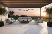 Terraza cubierta pavimentada con Losa Sigüenza de hormigón en blanco con muebles de exterior - Vetonek