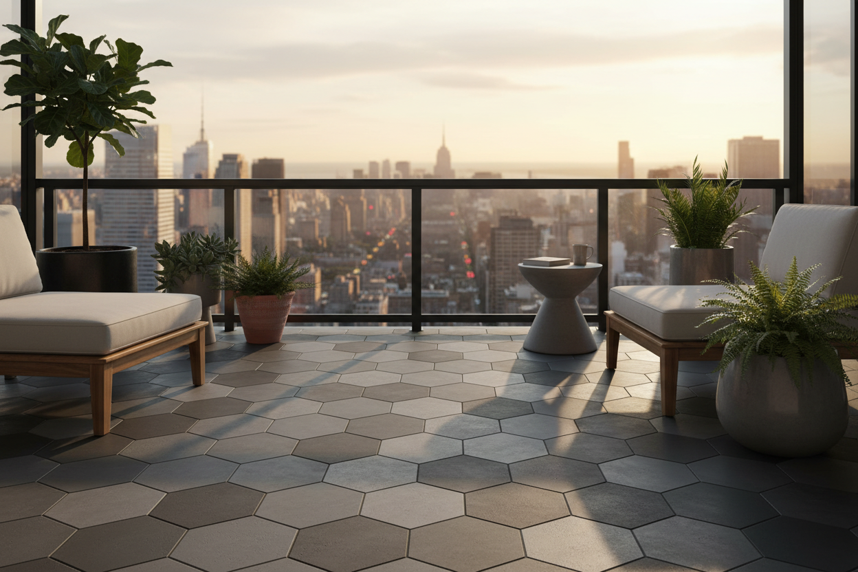 Balcón urbano al atardecer con suelo de Losa Hexagonal Laguardia de hormigón en antracita - Vetonek