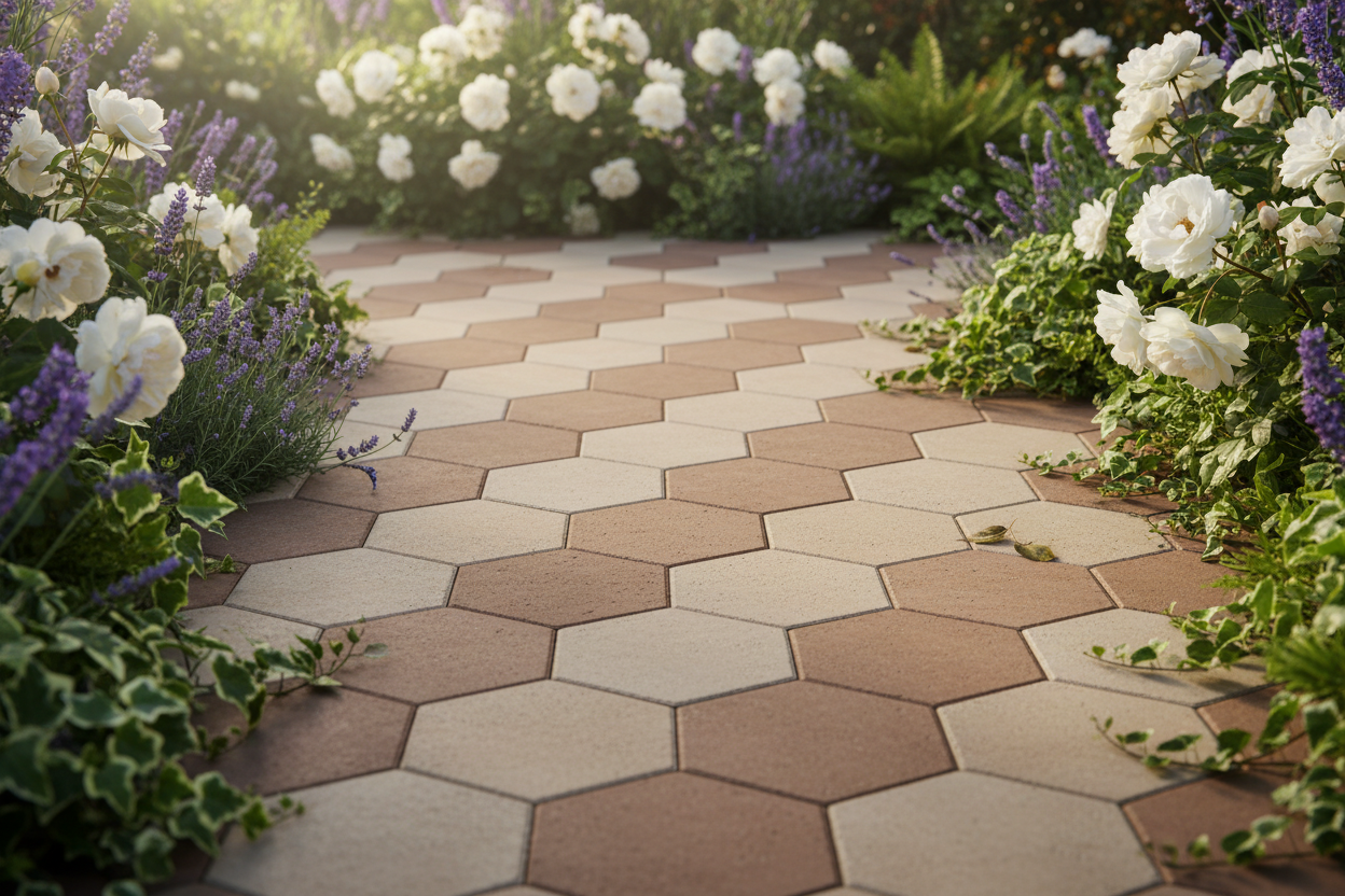 Camino de jardín con rosas y lavanda pavimentado con Losa Hexagonal Laguardia de hormigón en arena - Vetonek