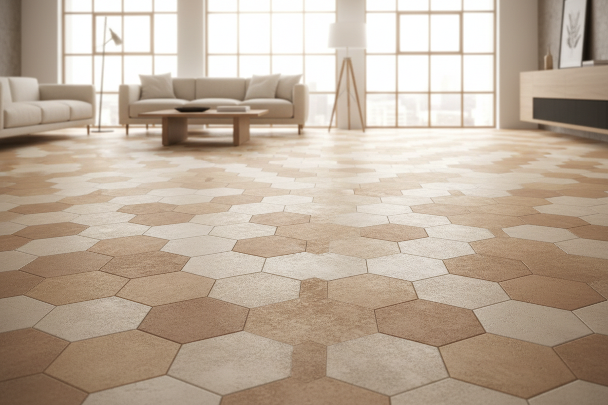 Interior tipo loft con suelo de Losa Hexagonal Laguardia de hormigón en arena - Vetonek