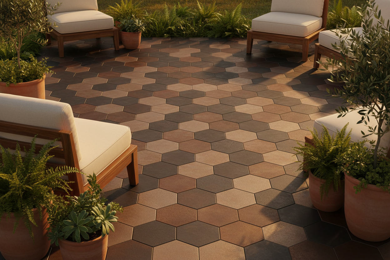Patio trasero con muebles de exterior sobre Losa Hexagonal Laguardia de hormigón en bronce - Vetonek