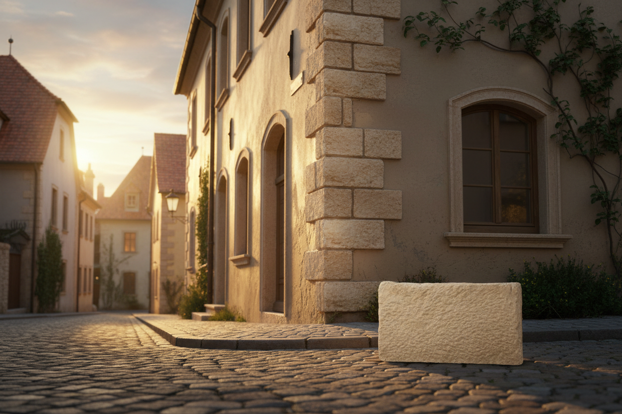 Esquina de un edificio historico de casco antiguo rematada con Piedras de Angulo Poblet al atardecer