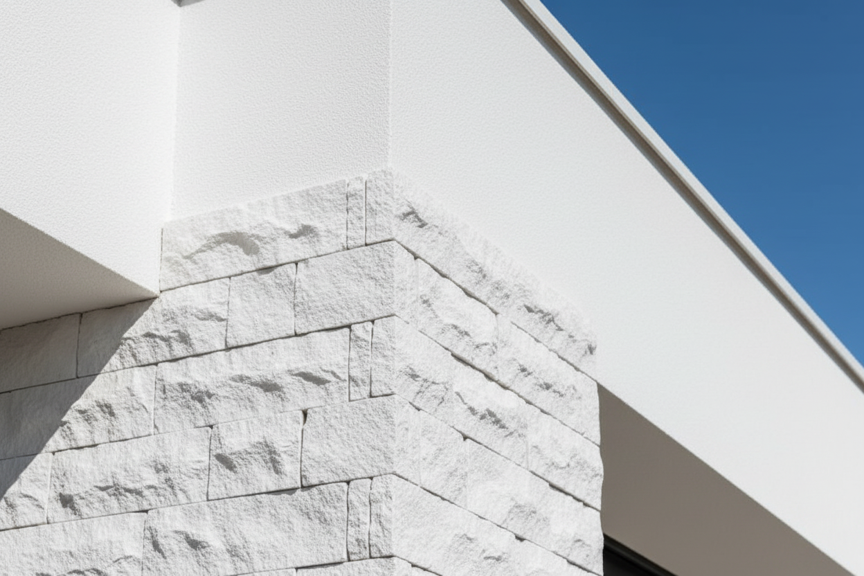 Esquina de fachada de vivienda mediterranea moderna rematada con Piedras de Angulo Poblet color blanco