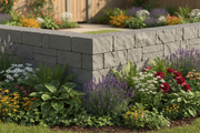 Esquina de un muro de jardin rematada con Piedras de Angulo Poblet rodeada de plantas y flores