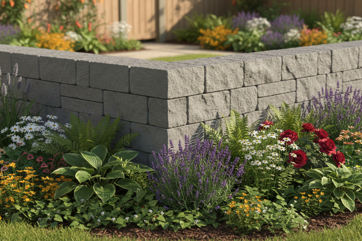 Esquina de un muro de jardin rematada con Piedras de Angulo Poblet rodeada de plantas y flores