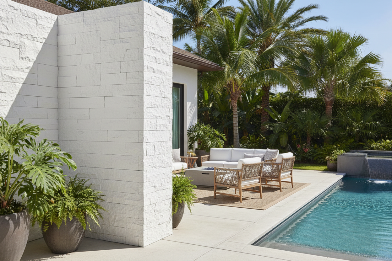 Esquina de muro rematada con Piedras de Angulo Poblet color blanco en un patio de lujo con piscina y muebles de exterior