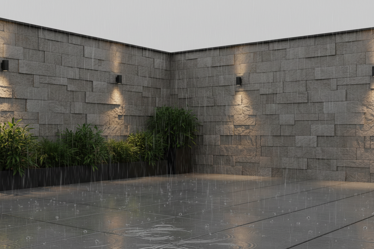 Esquina de muro urbano rematada con Piedras de Angulo Poblet en una terraza moderna bajo lluvia suave