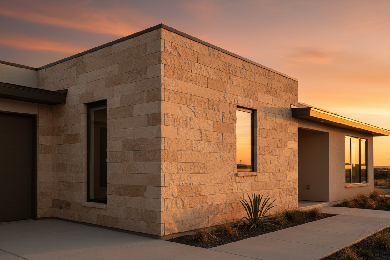 Esquina de fachada de vivienda unifamiliar moderna rematada con Piedras de Angulo Poblet al atardecer