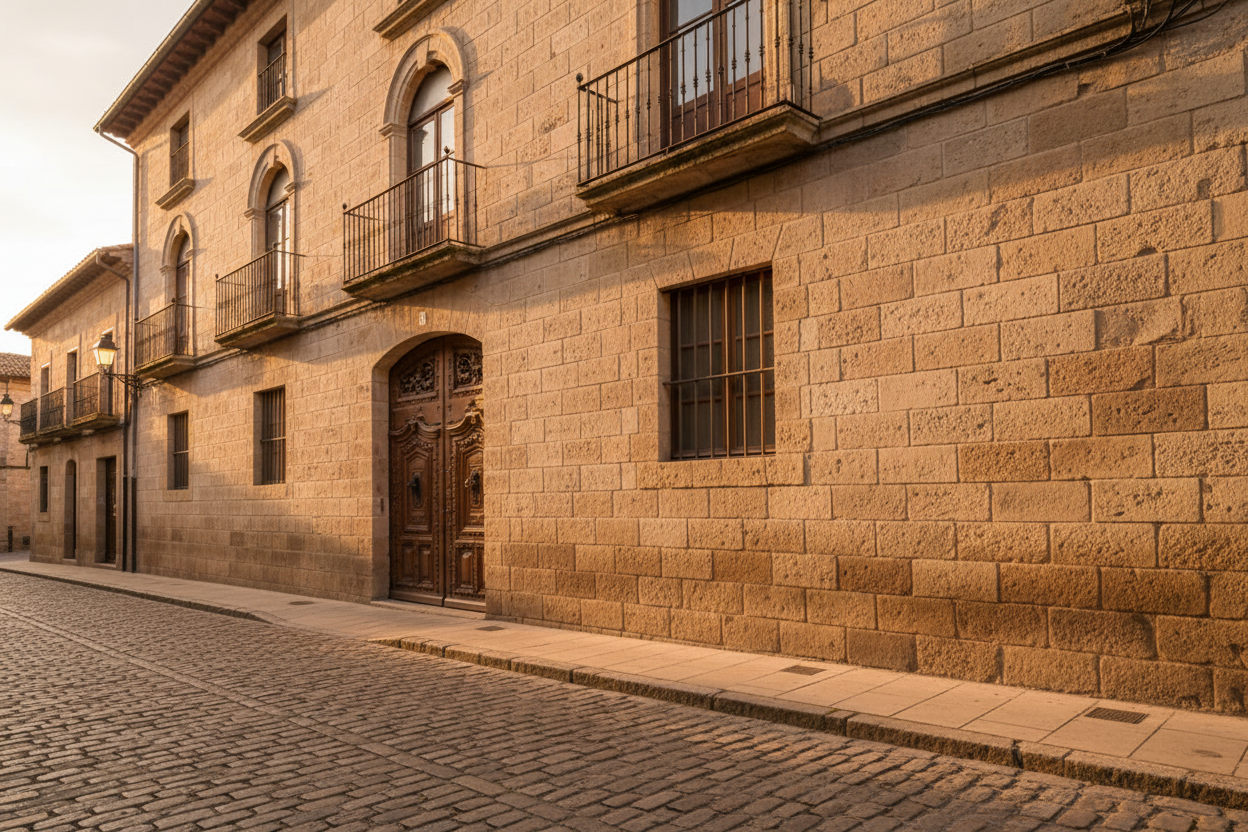 Muro de piedra en un edificio historico de casco antiguo revestido con Plaqueta Labrada al atardecer
