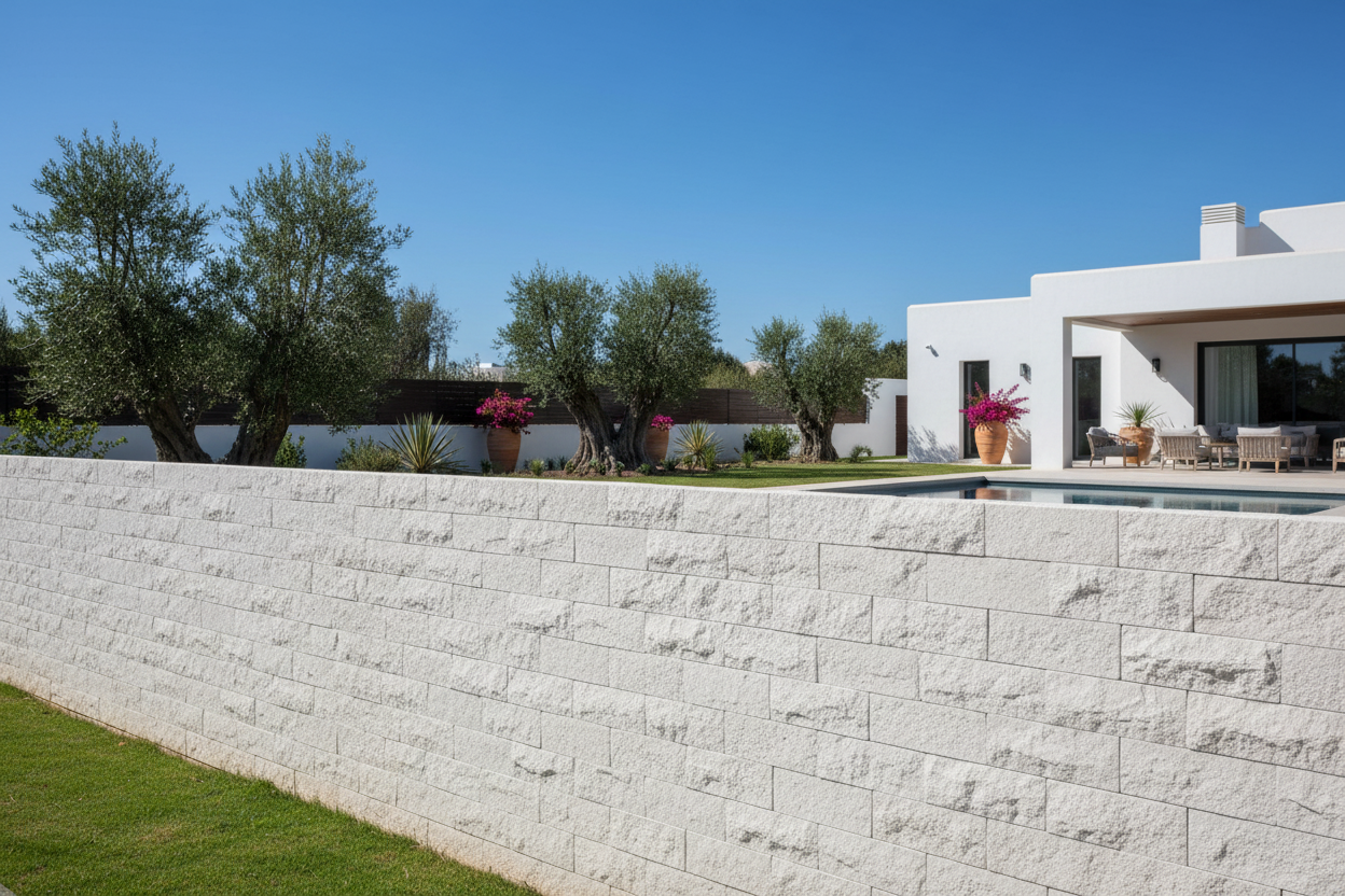 Muro de cerramiento de vivienda mediterránea revestido con Plaqueta Labrada de hormigón color blanco - Vetonek