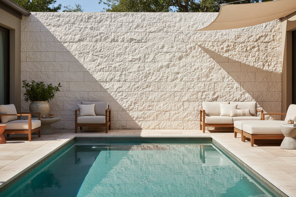 Muro de cerramiento revestido con Plaqueta Labrada color blanco en un patio de lujo con piscina