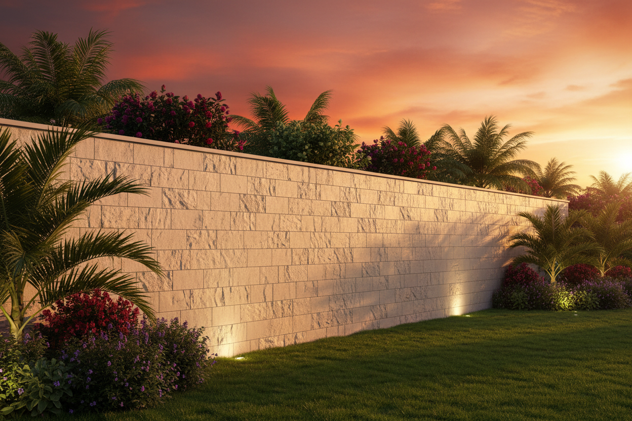 Muro de cerramiento de vivienda unifamiliar moderna revestido con Plaqueta Labrada al atardecer