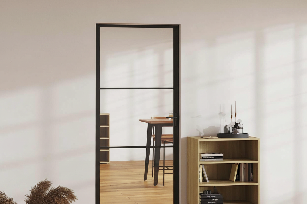 Interior door, ESG glass and black aluminum, 93x201.5 cm 