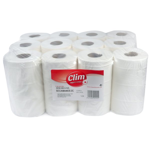 Papel secamanos mini mecha 2 capas Clim Profesional - Pack 12 rollos Vetonek
