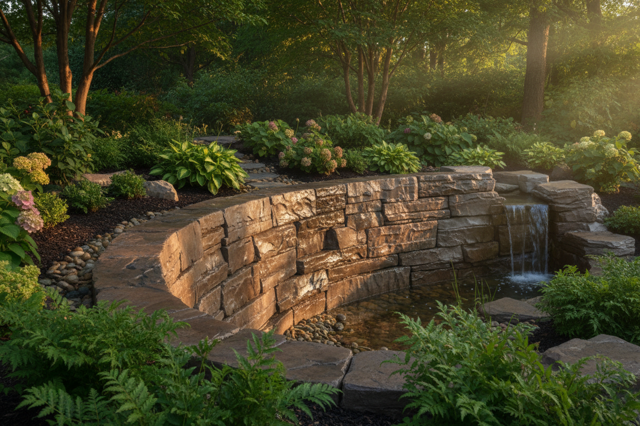 Muro de contención de piedra artificial tratado con el hidrófugo de efecto mojado Levante en un jardín con cascada - Vetonek