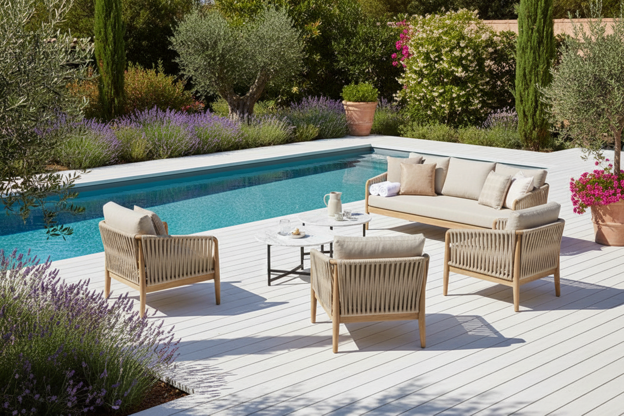Zona chill-out junto a piscina pavimentada con Entarimado Almagro de hormigón en blanco noruega - Vetonek