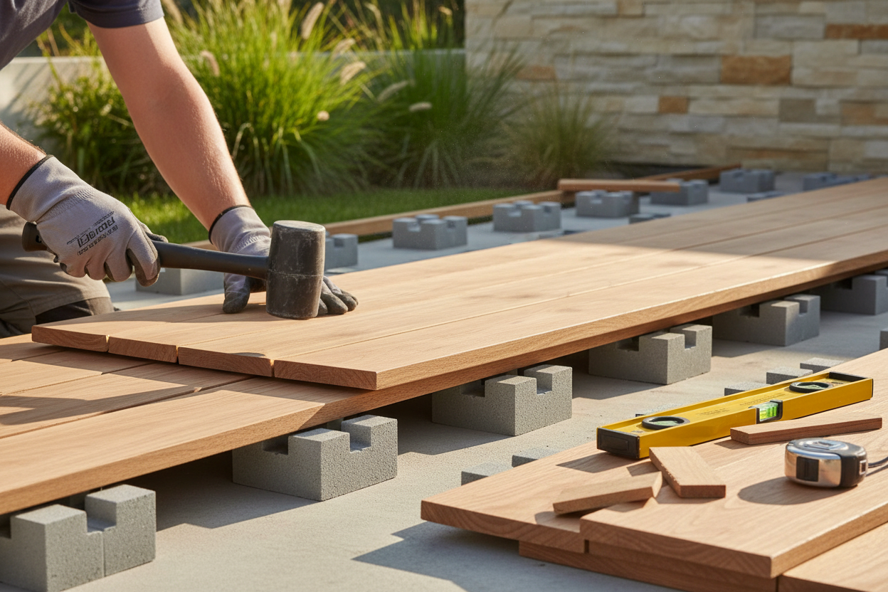Instalación de tarima de madera sobre soportes para entarimado en gris natural en una terraza - Vetonek