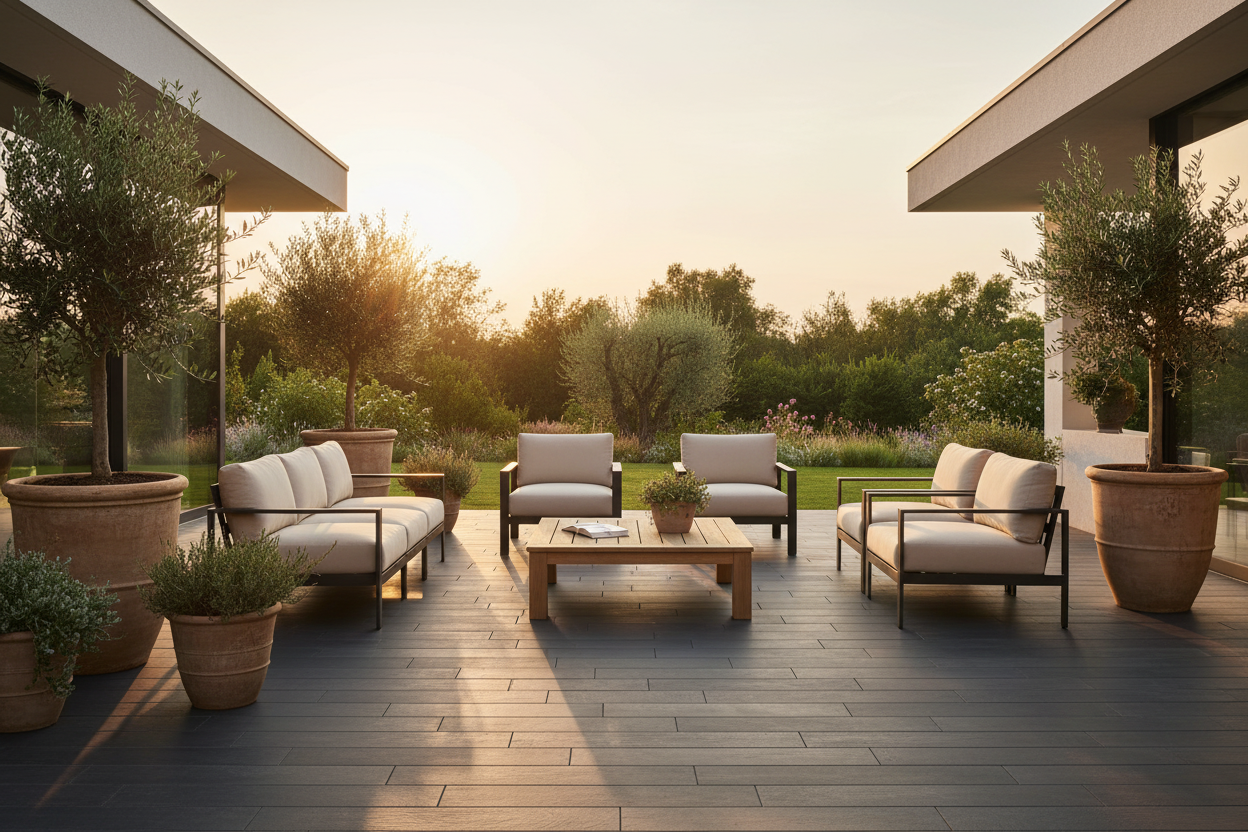 Terraza moderna al atardecer pavimentada con Pavimento Albarracín Aspecto Madera de hormigón en antracita - Vetonek