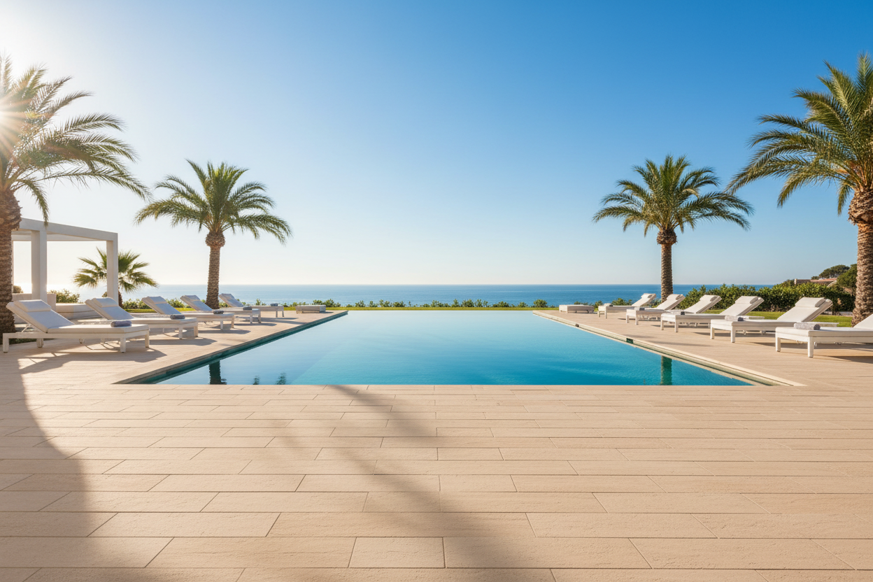 Terraza de piscina mediterránea con Pavimento Albarracín Aspecto Madera de hormigón en arena - Vetonek