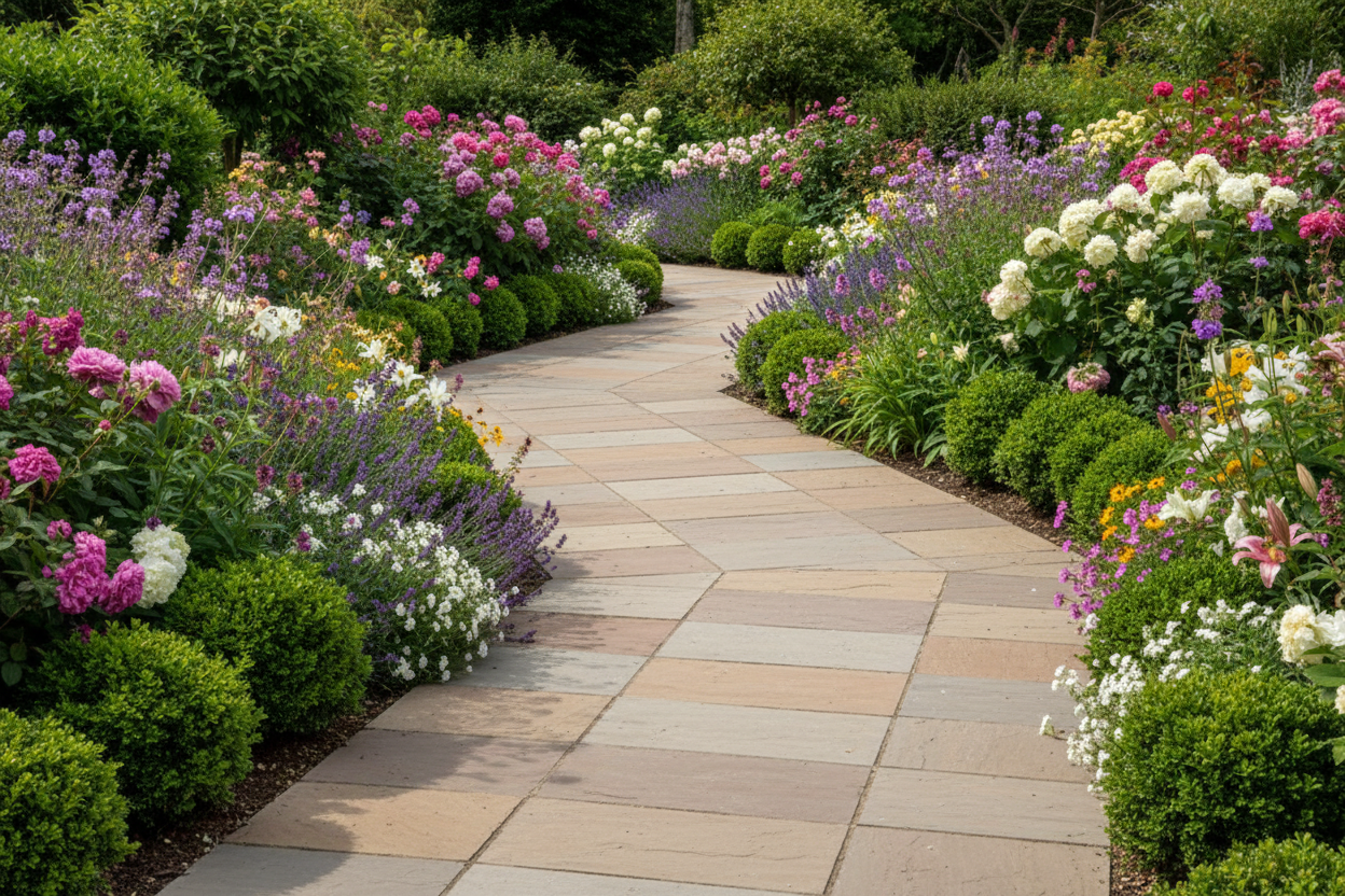 Camino de jardín con flores pavimentado con Pavimento Albarracín Bicolor de hormigón en arena - Vetonek