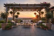 Terraza con pérgola de madera sobre Pavimento Albarracín Bicolor de hormigón en antracita - Vetonek